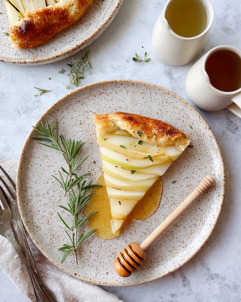 A white speckled plate holds a single triangular slice of galette with a golden-brown crust on one side, and soft, light cream-colored pear slices arranged fan-like covering the rest of the slice. A sprig of fresh green rosemary lies across the pears, and a small pool of amber honey sits beside the slice with a wooden honey dipper resting partially in the honey. The background is a white marbled surface with a few forks and two small white pitchers with light and dark liquids positioned around the plate. photo taken with an iphone --ar 4:5 --v 7