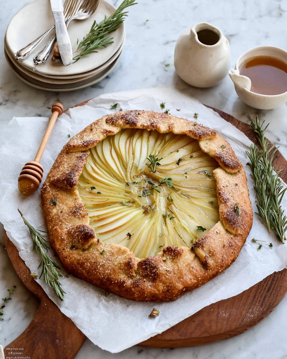 A rustic round galette is placed on white parchment paper on a wooden board, layered over a white marbled surface. The galette has a thick, golden-brown crust with a sugar sprinkle, folded inward to frame thinly sliced pale yellow-green pears arranged in concentric circles from the outer edge to the center. Small green herb leaves are scattered lightly on the pears, with two fresh rosemary sprigs on top and one on the marbled surface near the galette. A wooden honey dipper rests diagonally on the galette with a light brown honey pot and a small white ceramic cup filled with honey placed nearby. A stack of white plates with a rosemary sprig and silver utensils are in the background. Photo taken with an iphone --ar 4:5 --v 7