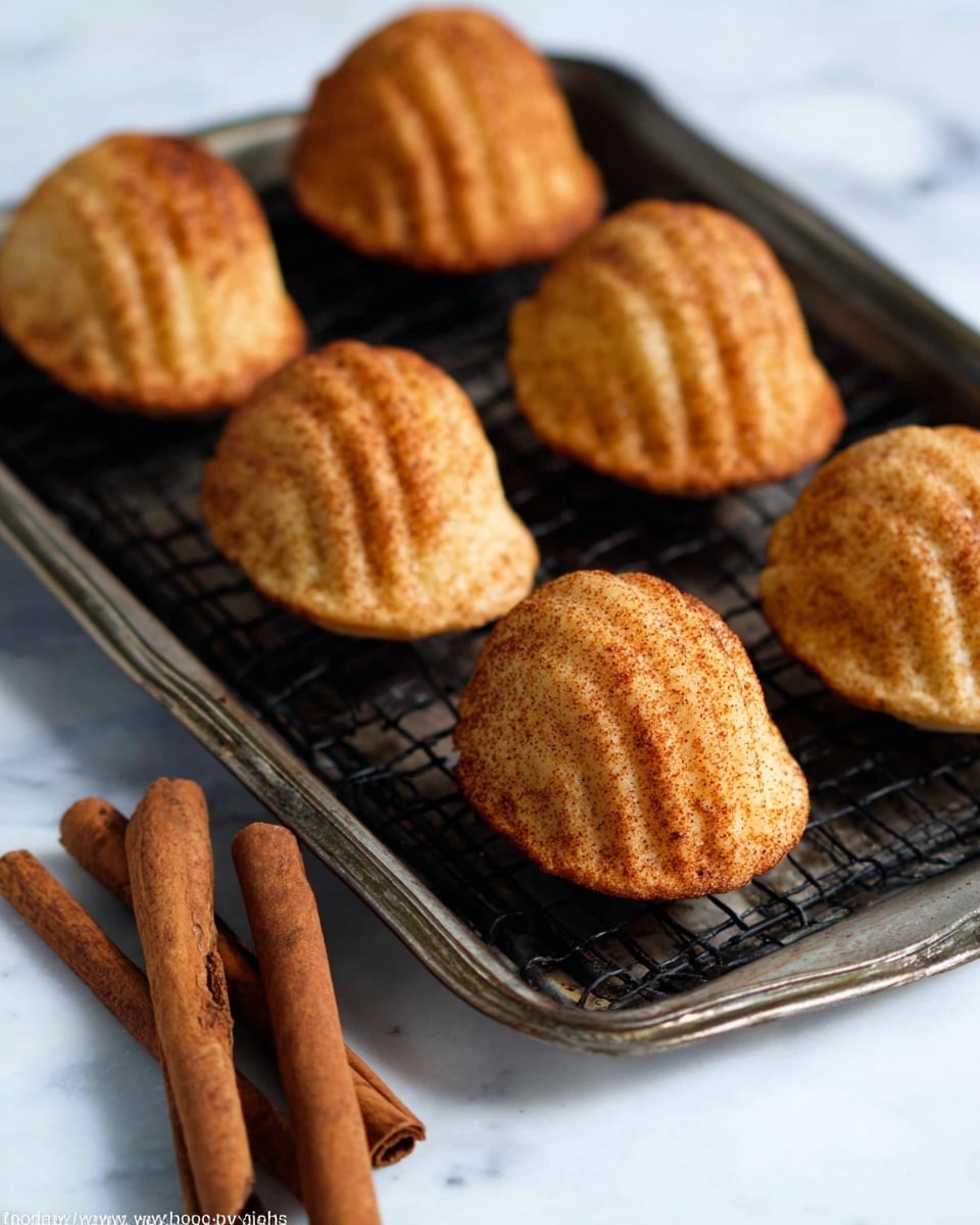 The image shows six shell-shaped small cakes with a golden brown color and slightly textured surface, resting on a black wire cooling rack that is set on a metal tray. The cakes have a dusting of cinnamon or spice on top, adding a warm and spiced look. To the left side of the rack, there are three cinnamon sticks placed together, their rich brown color contrasting with the golden cakes. The scene is set on a white marbled surface, creating a clean and bright background. photo taken with an iphone --ar 4:5 --v 7
