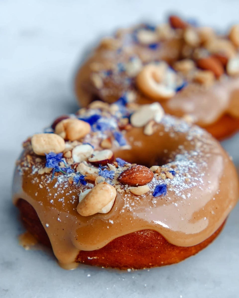 The image shows two donuts with a smooth caramel-colored glaze that drips down the sides. Each donut is topped with mixed nuts including cashews and almonds, along with tiny blue flower petals sprinkled on top. There is a light dusting of white powdered sugar on the glaze, adding a soft contrast to the shiny glaze. The donuts are placed on a white marbled surface which adds a clean and bright background to the warm colors of the donuts. Photo taken with an iphone --ar 4:5 --v 7
