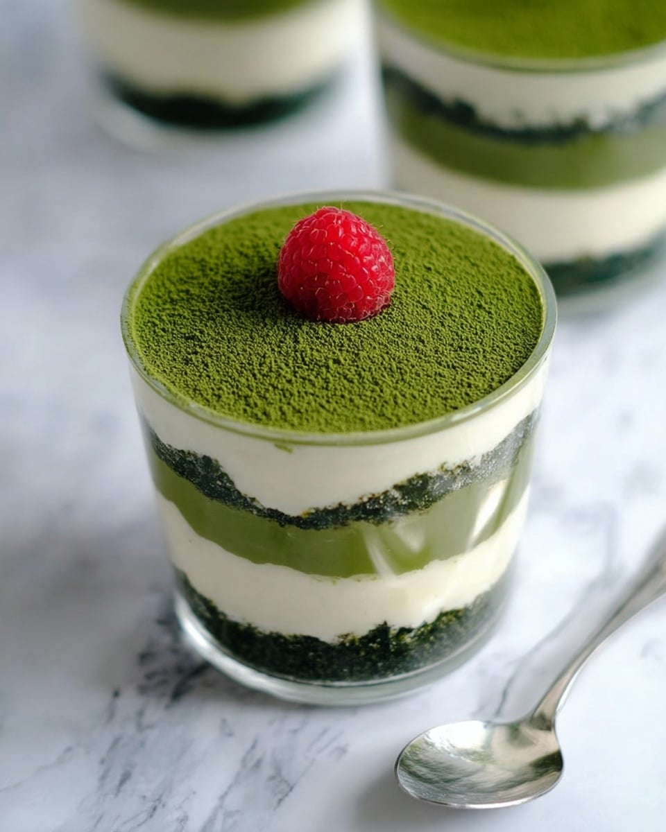 The image shows a clear glass cup filled with a layered dessert placed on a white marbled surface, with a silver spoon resting next to it. The dessert has five visible layers starting from the bottom: a dark green layer with a rough texture, followed by a smooth light cream layer, then a thicker smooth green layer, another light cream layer, and finally a finely textured bright green powder layer on top with a single bright red raspberry centered as decoration. A second similar dessert cup is partially visible in the background. Photo taken with an iphone --ar 4:5 --v 7