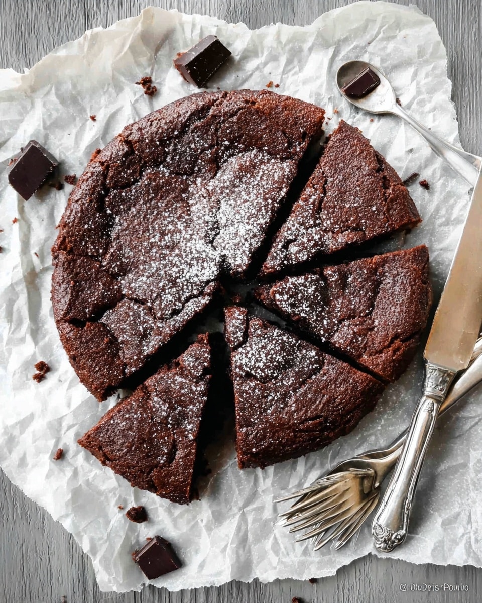 A round chocolate cake is placed on crumpled parchment paper over a white marbled surface. The cake is divided into six wedge slices with cracked, rough textured dark brown top, sprinkled with powdered sugar. Around the cake, there are a few small dark chocolate pieces scattered. Three silver spoons are placed around the cake, and a vintage knife with a silver handle is seen on the right side. Photo taken with an iphone --ar 4:5 --v 7