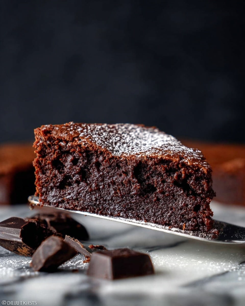 A single slice of rich, dark chocolate cake rests on the edge of a silver spatula, showing its dense and moist inside texture with small air pockets. The top layer is slightly cracked and dusted with a light sprinkle of powdered sugar, adding a gentle contrast to the deep brown cake. Around the cake slice, chunks of dark chocolate lie scattered on a white marbled surface, enhancing the chocolate theme. The background is dark, making the cake slice stand out sharply. Photo taken with an iphone --ar 4:5 --v 7