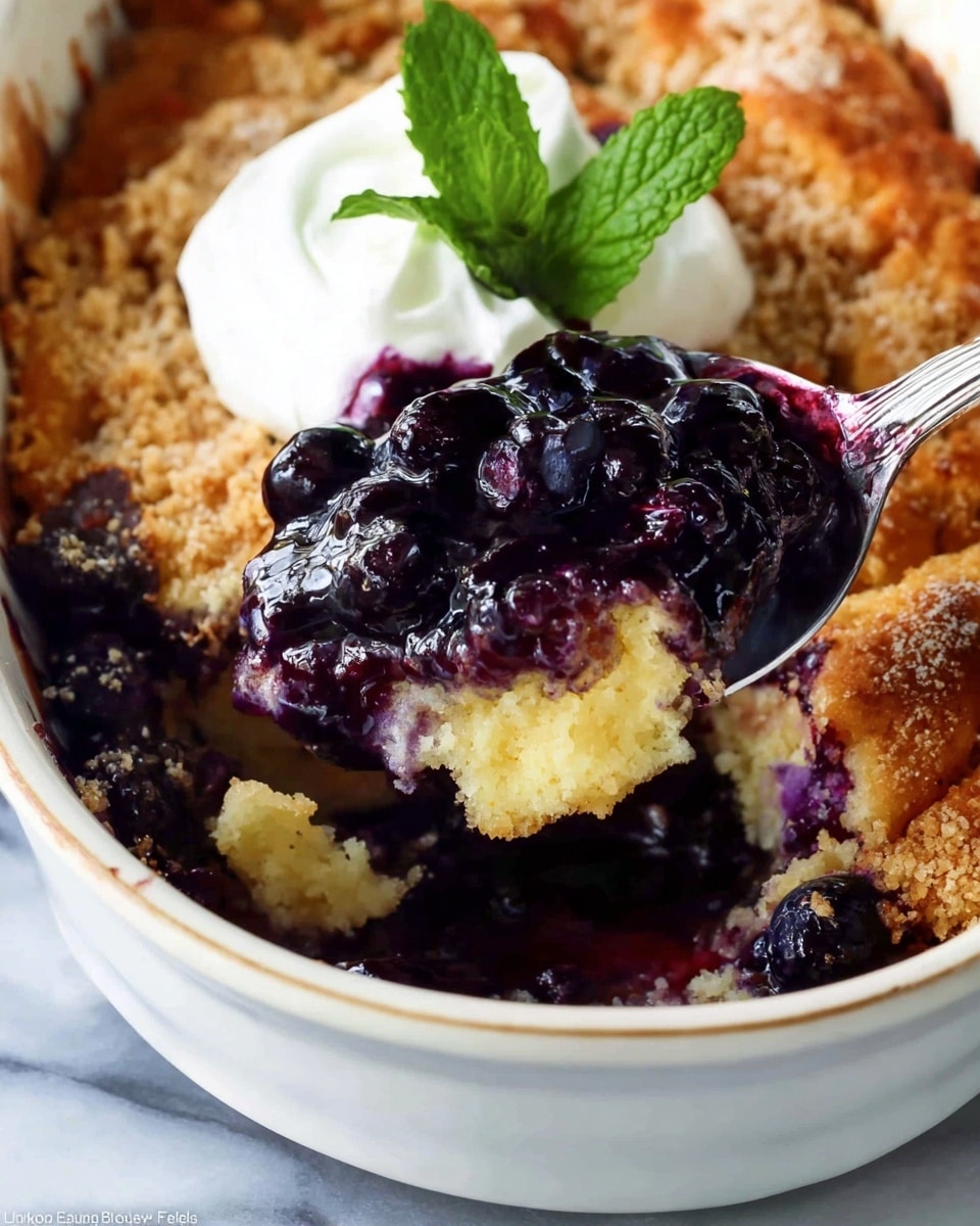 This image shows a close-up of a blueberry dessert in a white baking dish. The dessert has three layers: a crumbly golden brown crust on the outside edge, a soft yellow cake layer inside, and a glossy deep purple blueberry topping spread unevenly over part of the cake. On top, there is a dollop of white cream with a fresh green mint leaf for decoration. A spoon is scooping a piece from the dish, lifting a portion with blueberry topping and cake. The dish sits on a white marbled surface. Photo taken with an iphone --ar 4:5 --v 7