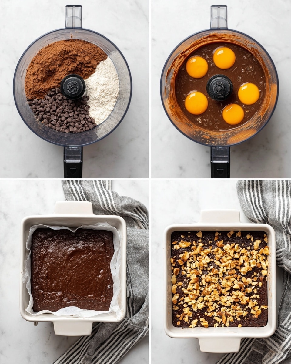 The image shows four steps of making brownies. The first part is a top view of a food processor bowl filled with brown cocoa powder, dark brown beans, white powder, and two bright orange egg yolks on top. The second part shows a blended dark brown shiny batter with semi-sweet chocolate chips on one side inside the same food processor bowl. The third part is a white square baking dish lined with parchment paper and filled with smooth dark brown brownie batter sprinkled evenly with light brown chopped nuts on top. The fourth part shows the same baking dish after baking, with a firm dark brown surface and a layer of golden brown chopped nuts scattered evenly on top, sitting on a white marbled surface with a gray and white striped cloth nearby. Photo taken with an iphone --ar 4:5 --v 7