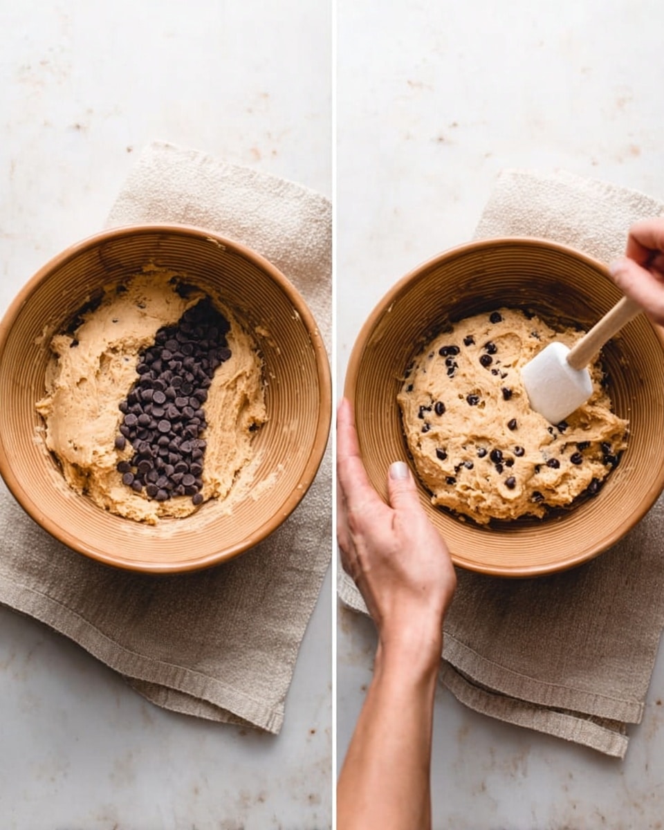 A brown mixing bowl sits on a white marbled surface, holding one layer of light brown cookie dough with small dark chocolate chips piled on one side. In the next scene, two woman's hands hold the same bowl, with a white spatula mixing the dough and chocolate chips together, showing a thicker light brown dough with dispersed dark chocolate chips throughout. A beige cloth is placed nearby in both images. photo taken with an iphone --ar 4:5 --v 7