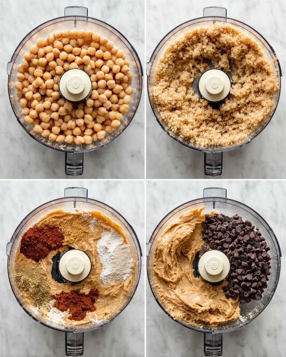 A clear food processor bowl shown from above in four stages: first layer is whole light brown chickpeas filling the bowl evenly; second layer is the chickpeas blended into a coarse, pale beige paste with a crumbly texture; third layer shows the paste with added ingredients of peanut butter, light beige flour, and reddish-brown spices placed in separate sections inside the bowl; fourth layer shows the mixed paste with dark chocolate chips scattered on top, the paste thick and chunky around the blade in the center. All placed on a white marbled surface photo taken with an iphone --ar 4:5 --v 7
