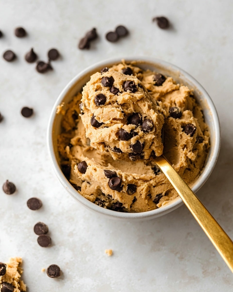 A white bowl filled with light brown cookie dough mixed with dark chocolate chips. A golden spoon is scooping some cookie dough from the bowl, showing a rough texture with chocolate chips embedded in it. Scattered dark chocolate chips surround the bowl on a white marbled surface. The lighting is soft, highlighting the dough's thick and chunky look. photo taken with an iphone --ar 4:5 --v 7