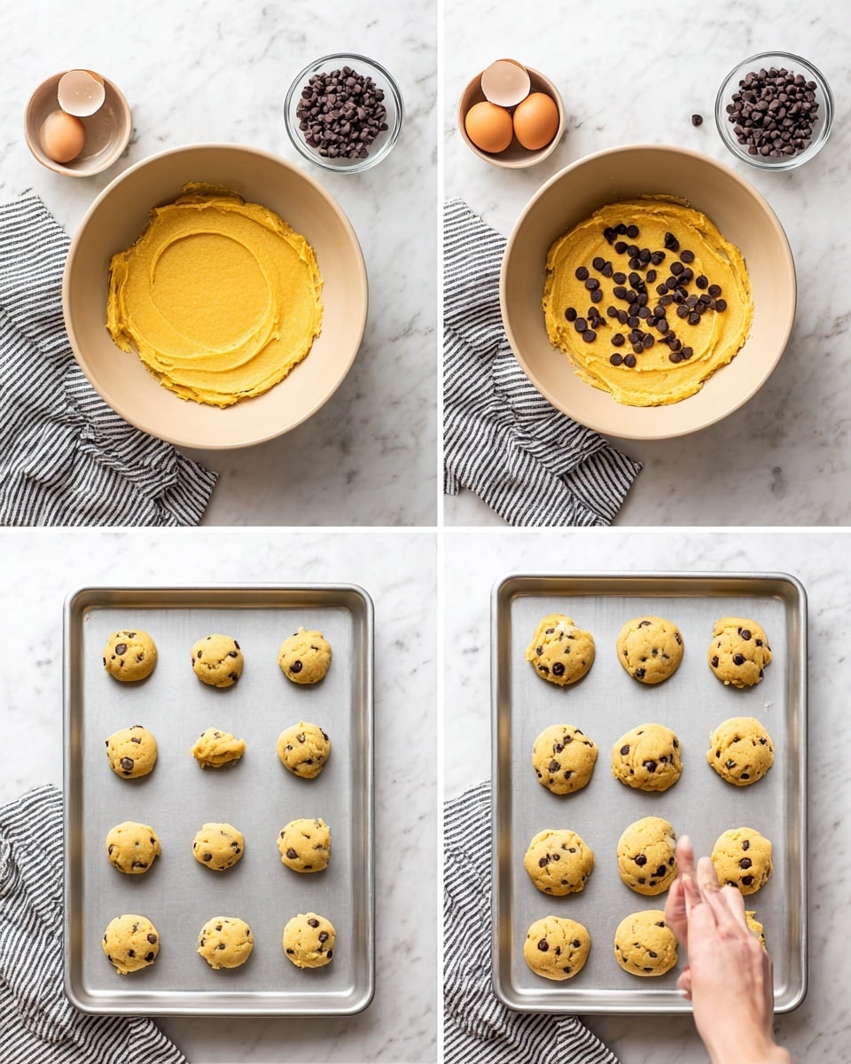 A four-part image showing the process of making chocolate chip cookies, placed on a white marbled surface. The top left shows a beige bowl with a single thick layer of smooth, yellow cookie dough inside, with a small bowl of dark chocolate chips above and two egg shells to the right, and a gray and white striped cloth below. The top right shows the same bowl now with chocolate chips mixed evenly into the yellow dough. The bottom left shows a metal baking tray with 15 small dough balls spaced evenly, and a woman's hand pressing on one to flatten it. The bottom right shows the same tray with 15 golden-brown, baked chocolate chip cookies neatly arranged. Photo taken with an iphone --ar 4:5 --v 7