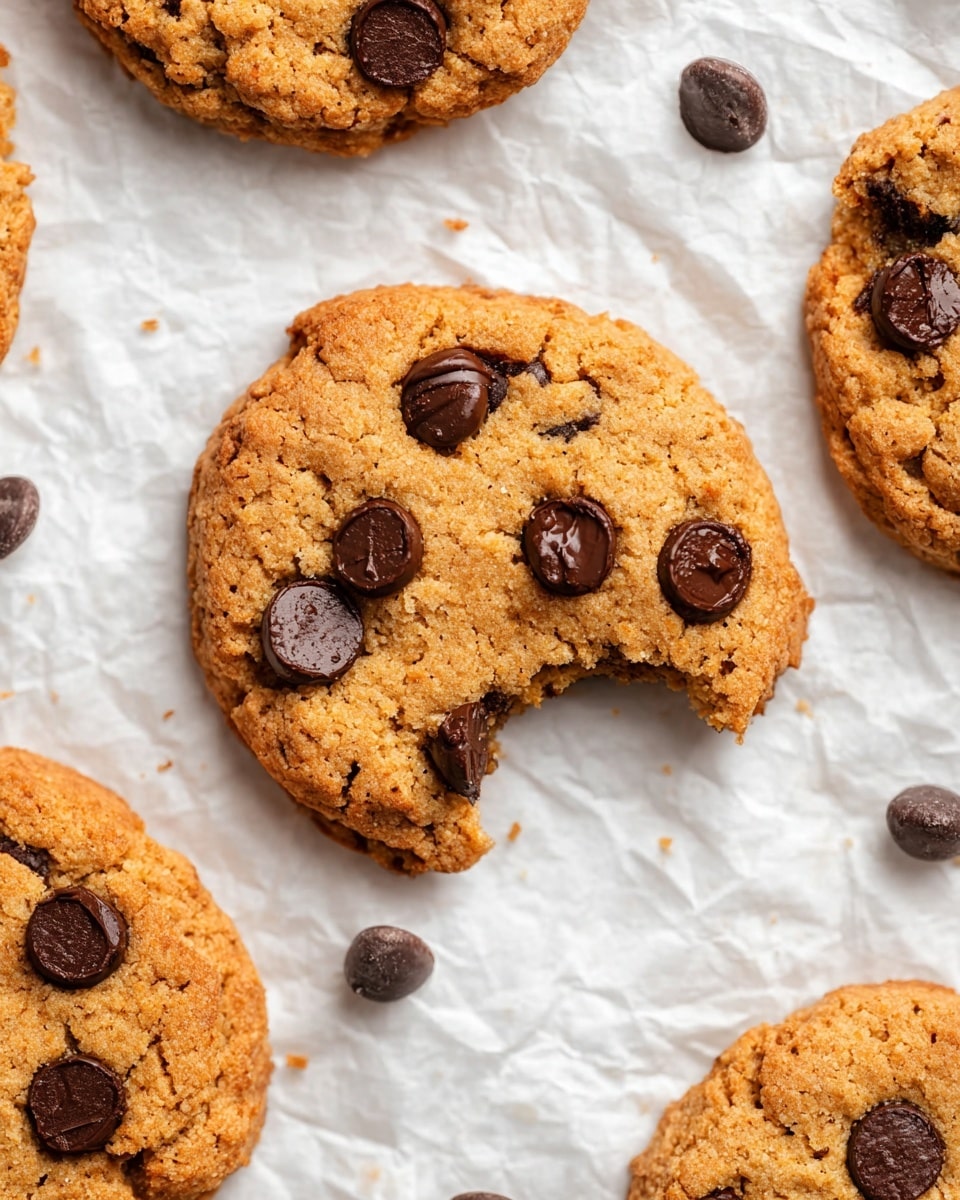 A close-up view of several golden brown cookies with a rough texture, each embedded with shiny dark chocolate chips. One cookie in the center has a small bite taken out of it, revealing a soft crumb inside. The cookies rest on crumpled white parchment paper, with a few chocolate chips scattered around them on a white marbled surface. The image shows the cookies layered in a flat arrangement with no additional layers or toppings visible. photo taken with an iphone --ar 4:5 --v 7