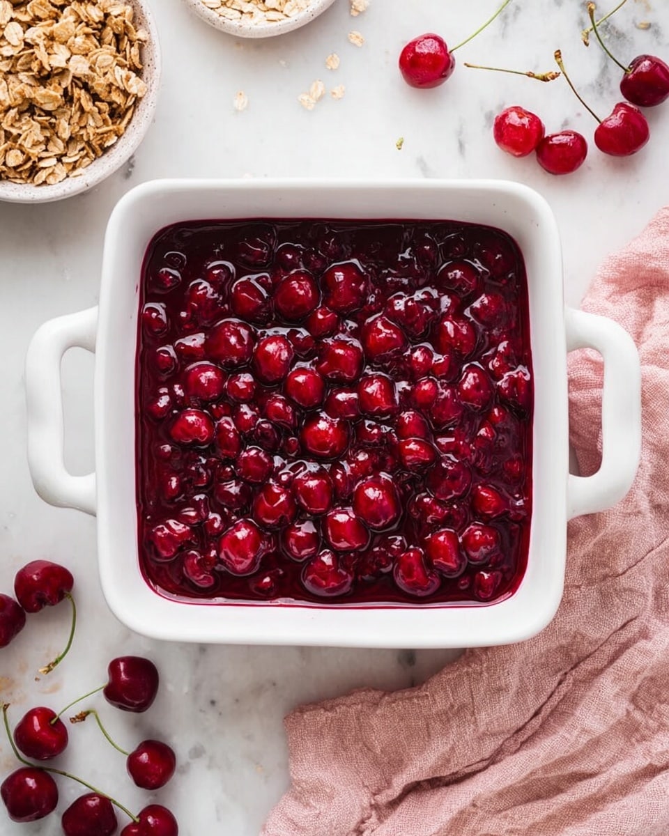 The image shows a white square baking dish filled with a deep red, glossy cherry mixture that covers the entire surface evenly; the cherries are whole and slightly crushed, creating a thick, shiny texture. The dish has handles on both sides and is placed on a white marbled surface. To the left, there is a bowl of granola and some whole cherries with stems. On the right side, a soft, wrinkled pink cloth is spread out loosely. The overall scene is bright and simple, with the rich red cherries as the main focus. photo taken with an iphone --ar 4:5 --v 7