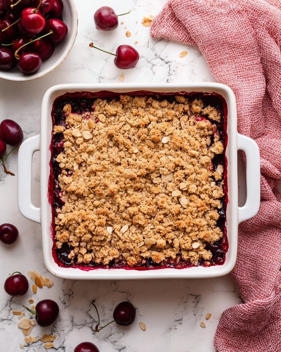 The image shows a cherry crumble dessert in a white square baking dish with handles on each side. The bottom layer is a dark red, thick cherry filling that slightly peeks out around the edges. On top is a golden brown crumbly oat topping with a rough texture and some visible almond slices mixed in. The dish is placed on a white marbled surface, with a white bowl of fresh dark red cherries and some loose cherries nearby on the left. On the right side, a pink textured cloth is casually draped. The colors are warm and natural, highlighting the crunchy oat topping and rich cherry filling. Photo taken with an iphone --ar 4:5 --v 7