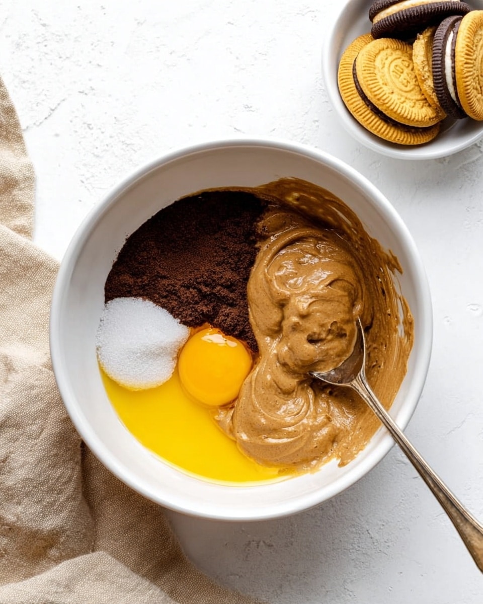 A white bowl sits on a white marbled surface, filled with five main layers: a bright yellow raw egg yolk on the left bottom, a thick smooth almond butter light brown layer to the right with a spoon resting in it, a dark brown layer of what looks like brown sugar on the top left, a small white granulated layer in the center, and a very dark thin layer near the bottom left. A small white bowl filled with stacked chocolate and yellow sandwich cookies is placed next to the bowl on the left, along with a beige cloth beneath the bowl. Photo taken with an iphone --ar 4:5 --v 7