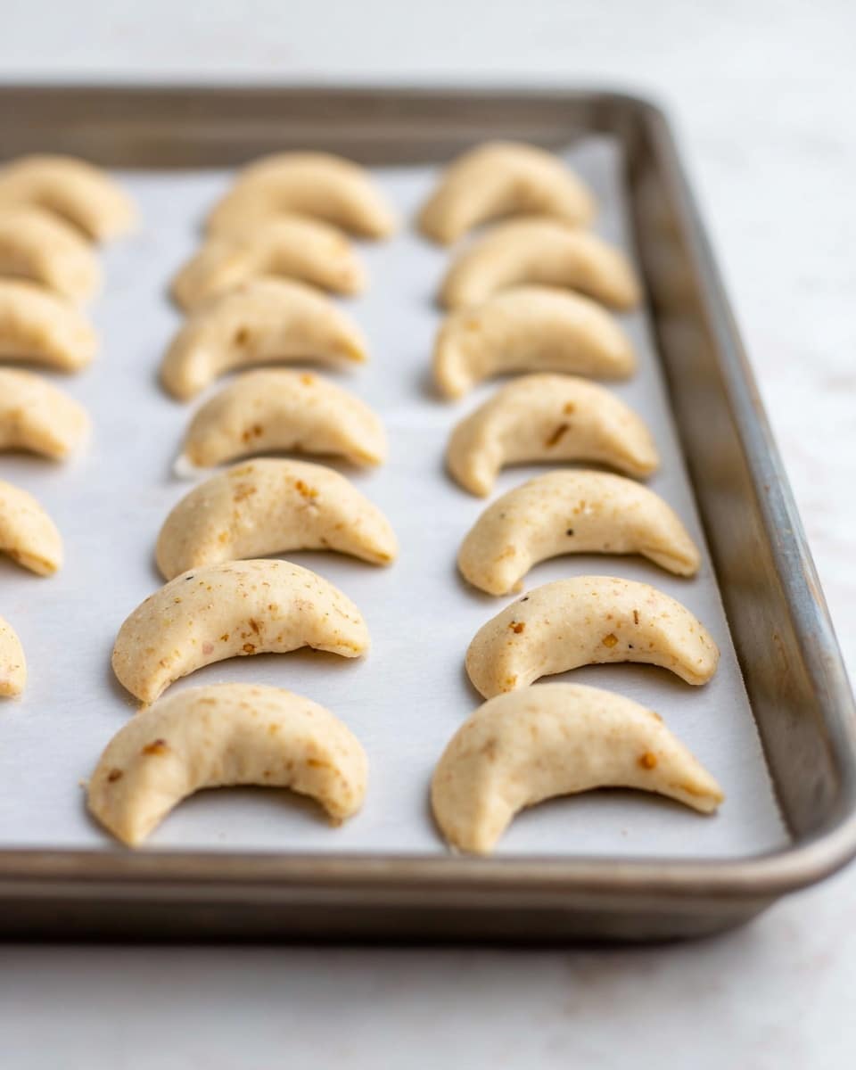 A metal baking tray lined with white parchment paper holds two neat rows of small crescent-shaped dough pieces, each with a pale beige color and small specks of nuts or seasoning inside. The dough pieces are smooth with slightly rounded edges, evenly spaced in parallel lines stretching toward the blurred background. The tray sits on a white marbled surface, and the focus is sharpest on the few dough pieces closest to the camera, fading softly in the distance. photo taken with an iphone --ar 4:5 --v 7