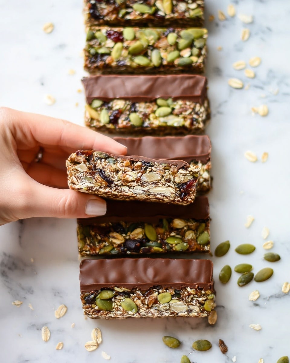 The image shows a row of homemade granola bars on a white marbled surface, each bar with two clear layers. The bottom layer is thick and textured with various nuts, seeds, and dried fruit pieces in shades of brown, green, and dark red. The top layer is a smooth, even coating of milk chocolate in medium brown. A woman's hand is gently holding the closest bar on the left side, showing the side view of the bar. Small scattered pumpkin seeds and oats are on the white marbled surface around the bars. Photo taken with an iphone --ar 4:5 --v 7