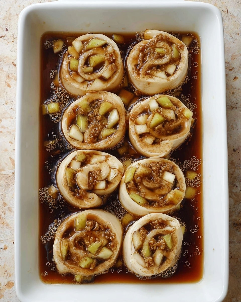 A white rectangular dish holds eight pieces of rolled dough filled with chopped green and yellow apple pieces, all partially submerged in a dark brown syrupy liquid. The dough rolls are pale with a slightly browned outer layer, each filled unevenly with small apple chunks. The syrup pools around and between the rolls, creating a glossy surface with small bubbles scattered throughout. The dish rests on a white marbled textured surface, and the overall look is moist and richly sweet. photo taken with an iphone --ar 4:5 --v 7