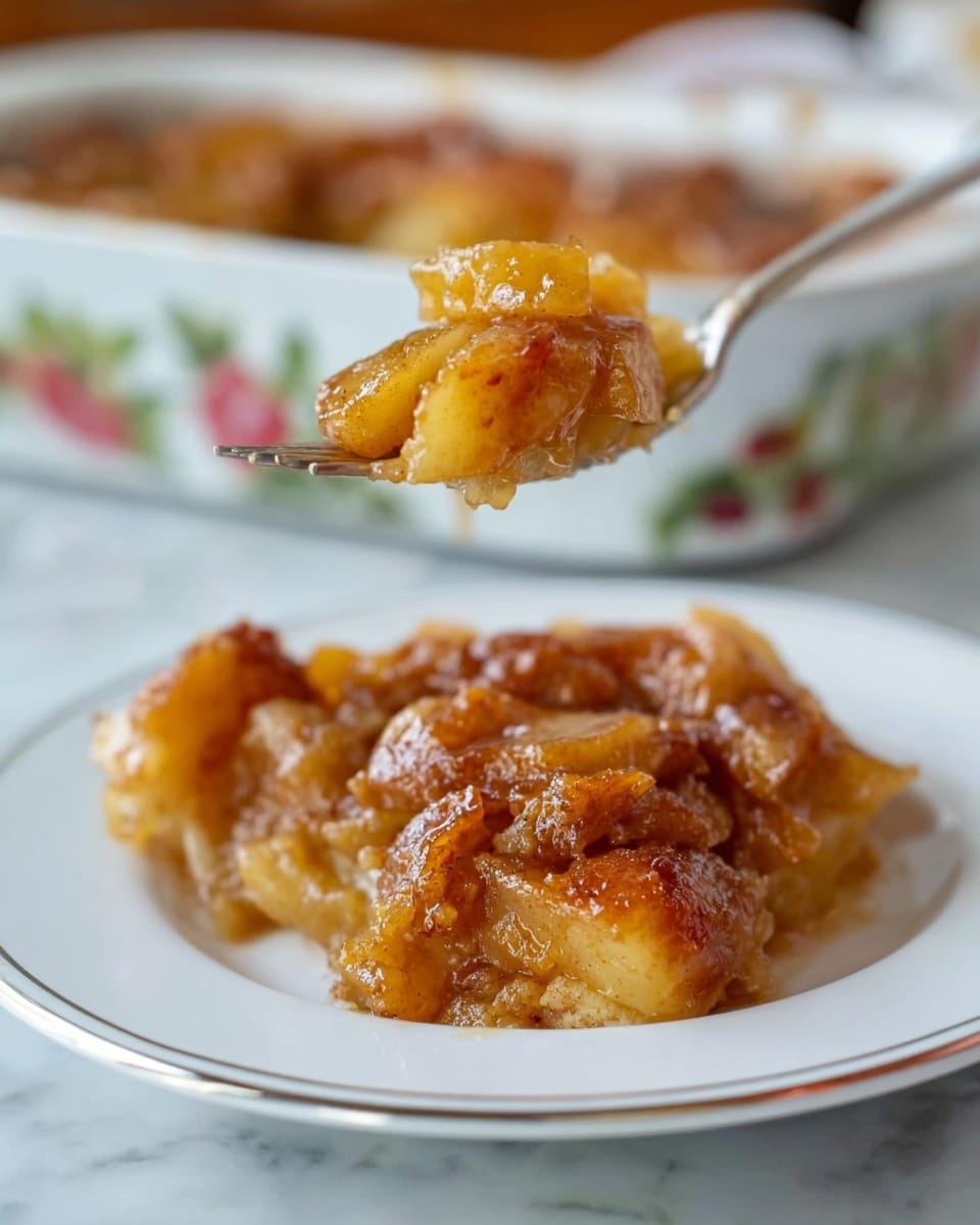 The image shows a close-up of a piece of apple dessert on a white plate with a thin silver rim. The dessert is layered with golden brown baked apple slices mixed with a glossy, sticky sauce that looks caramelized. The texture is soft and sugary with some slightly crispy edges. In the background, there is a white baking dish with a vintage floral design, holding more of the same dessert, slightly out of focus. A fork holds a portion of the dessert above the plate, showing the moist and tender layers in detail. The surface underneath is white marble. photo taken with an iphone --ar 4:5 --v 7