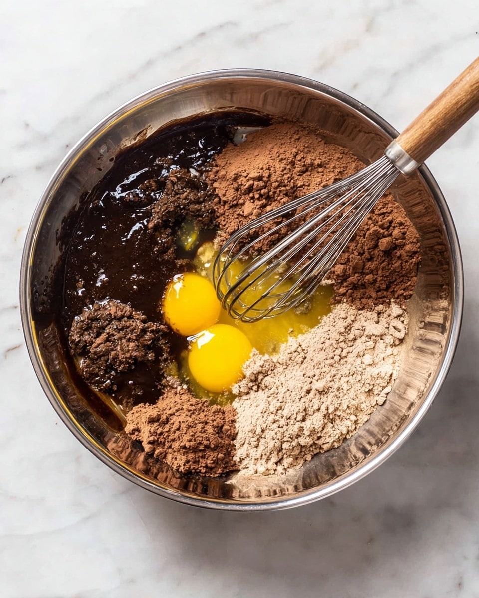 A shiny metal bowl sits on a white marbled surface filled with various ingredients for baking. The largest layer at the bottom is dark and wet, likely melted chocolate or syrup. On top of this, there are several lighter piles of fine, powdery brown cocoa evenly spread around. Near one side, two raw eggs with bright yellow yolks and clear whites are visible, partially mixed with the powders. A metal whisk with a wooden handle is placed inside the bowl, touching the wet and powder layers. The bowl edges are clean and shiny, reflecting light. photo taken with an iphone --ar 4:5 --v 7