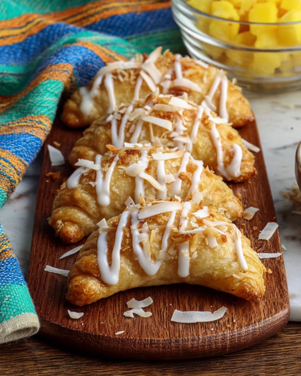 The image shows four crescent-shaped pastries on a brown wooden board. Each pastry is golden brown with a soft texture and is topped with a white drizzle of icing and scattered shredded coconut. The pastries are placed on a white marbled surface, and a colorful striped cloth with blue, green, and orange stripes is seen on the left side of the image. A glass bowl with yellow diced fruit or topping is blurred in the background, adding a soft contrast to the scene. Photo taken with an iphone --ar 4:5 --v 7