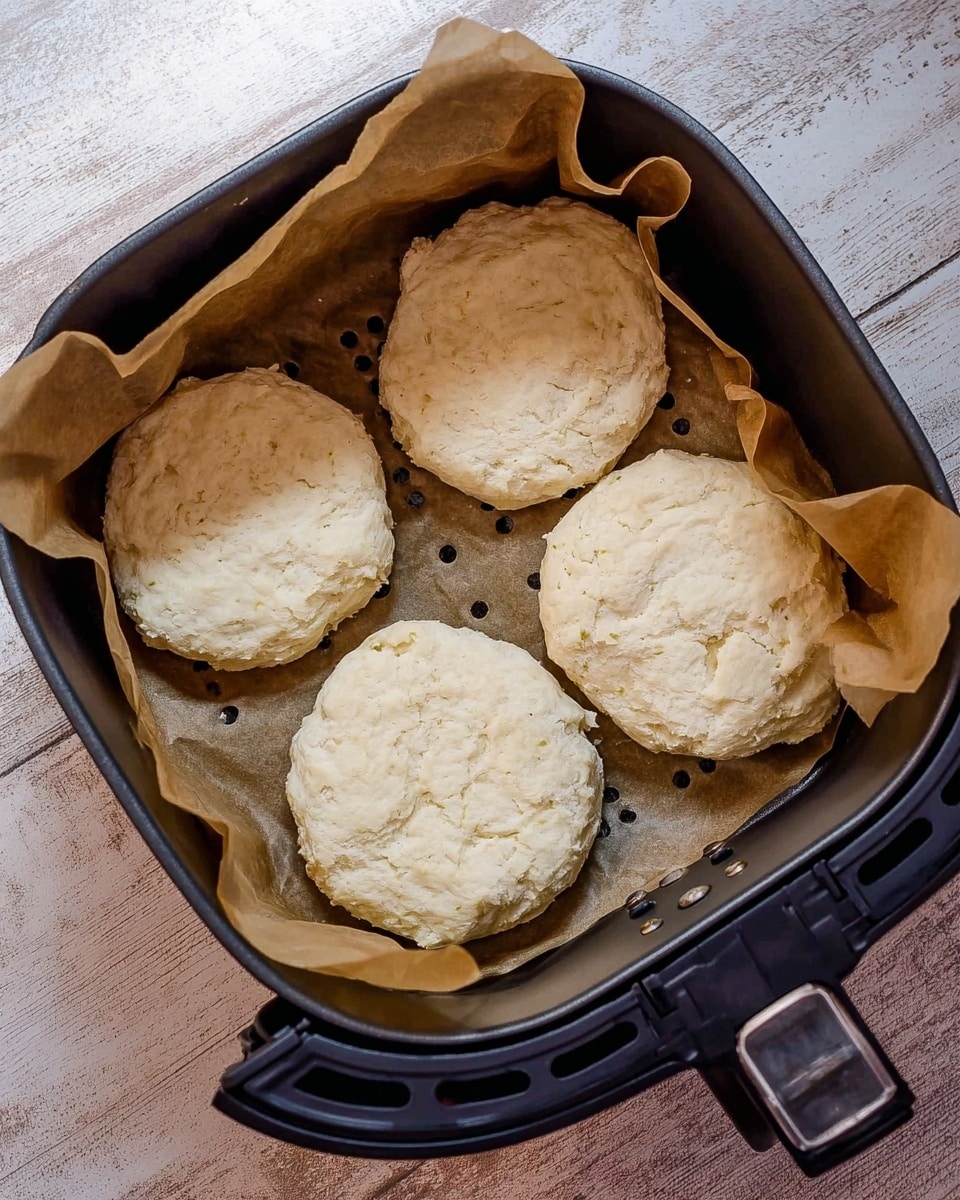 The image shows four round dough biscuits placed inside a dark air fryer basket lined with brown parchment paper with small round holes. The biscuits are pale, thick, and uneven on top, each showing a rough, soft texture. The basket handle is visible at the bottom, and the scene is set on a light wood surface replaced with a white marbled texture. Photo taken with an iphone --ar 4:5 --v 7