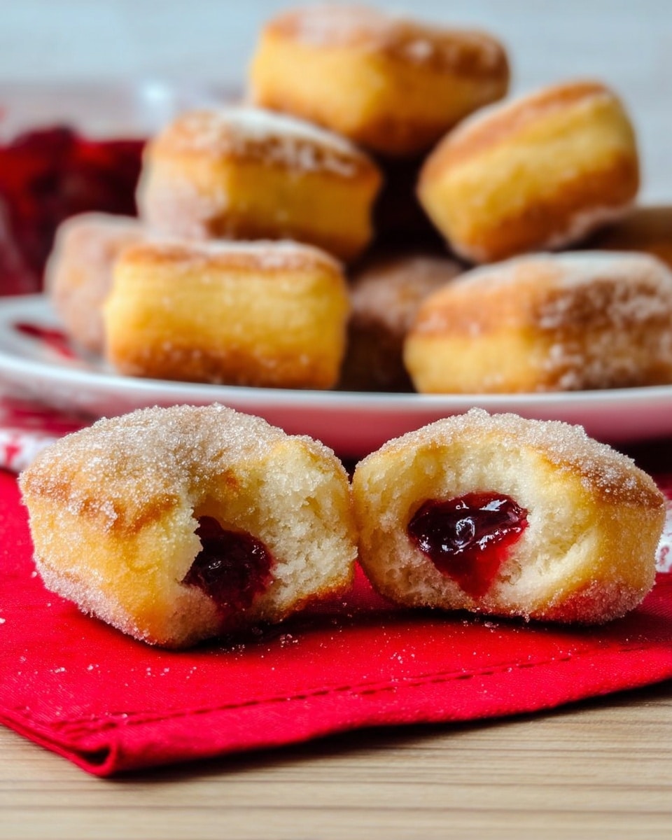 The image shows small square doughnuts with a golden-brown crust, lightly coated in sugar, with red jam filling visible inside. One doughnut is split in half, showing a soft, fluffy inside with jam oozing from the center. These doughnuts sit on a red napkin on a light wooden surface, with a white plate filled with more doughnuts blurred in the background. The scene is bright and clear, focusing on the texture of the doughnuts and the shine of the jam. Photo taken with an iphone --ar 4:5 --v 7