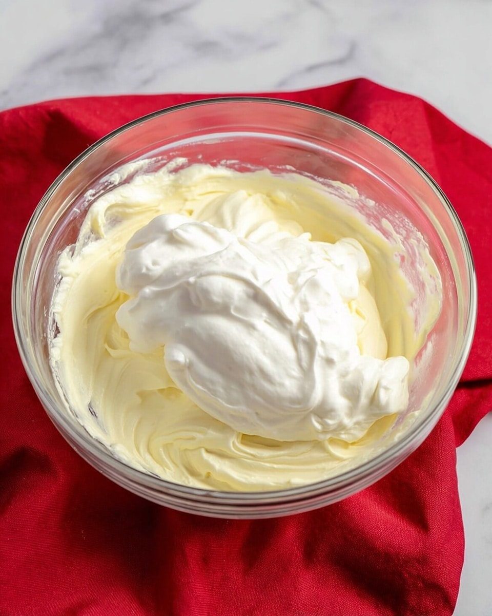 A clear glass bowl on a white marbled surface holds two layers of creamy ingredients: the bottom layer is thick and pale yellow with a smooth, whipped texture, while the top layer is a large dollop of bright white, light, and fluffy cream. The bowl is sitting on a bright red cloth, adding a pop of color around it. Photo taken with an iphone --ar 4:5 --v 7