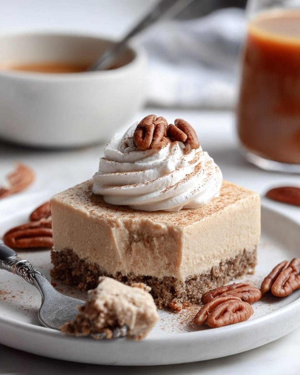 A square slice of light brown creamy dessert sits on a white plate with a white marbled surface underneath. The dessert has two layers: the bottom layer is a crumbly dark brown crust, and the top layer is a smooth light brown mousse-like texture. On top, there is a swirl of white whipped cream sprinkled lightly with cinnamon and small chopped pecans, with two whole pecans placed at the very peak. Around the plate are scattered whole and chopped pecans. A spoon holds a bitten piece of the dessert, showing its soft texture, with a woman's hand holding the plate edge slightly visible. In the background, a white bowl with a brownish sauce and a spoon is placed, all on a white marbled surface. Photo taken with an iphone --ar 4:5 --v 7