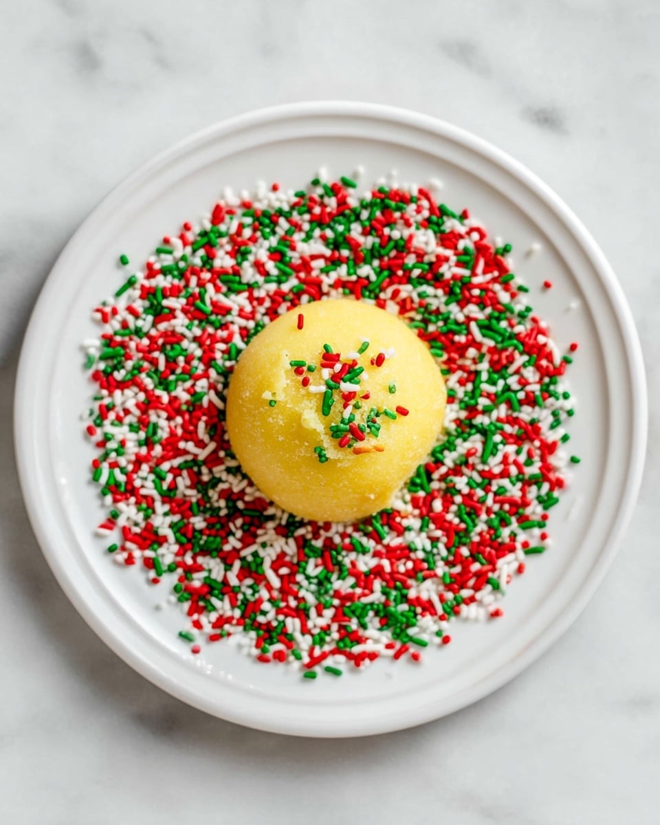 A white plate sits on a white marbled surface with a round yellow dough ball in the center. Around the dough ball is a thick layer of small red, green, and white cylindrical sprinkles, covering the plate in a colorful ring. The yellow dough ball is smooth with a soft texture, and the sprinkles are scattered densely and evenly, creating a festive and bright look. Photo taken with an iphone --ar 4:5 --v 7