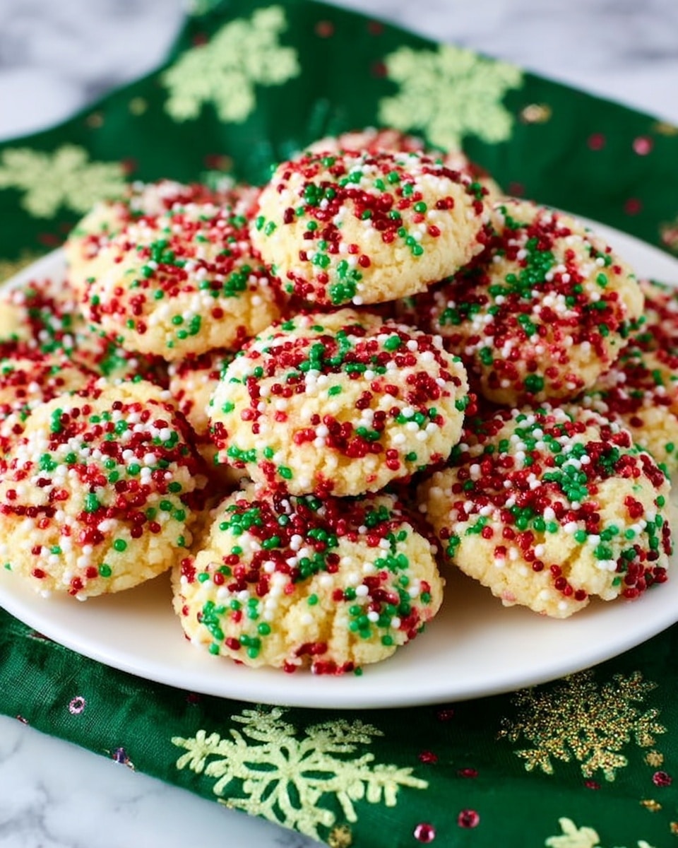 A white plate is full of small round cookies. Each cookie has a pale yellow base covered with red, green, and white sprinkles that give a rough texture. The cookies are stacked slightly on top of each other, showing many layers in the pile. The plate is sitting on a piece of green fabric decorated with light green and yellow snowflake shapes. The background is a white marbled surface. photo taken with an iphone --ar 4:5 --v 7