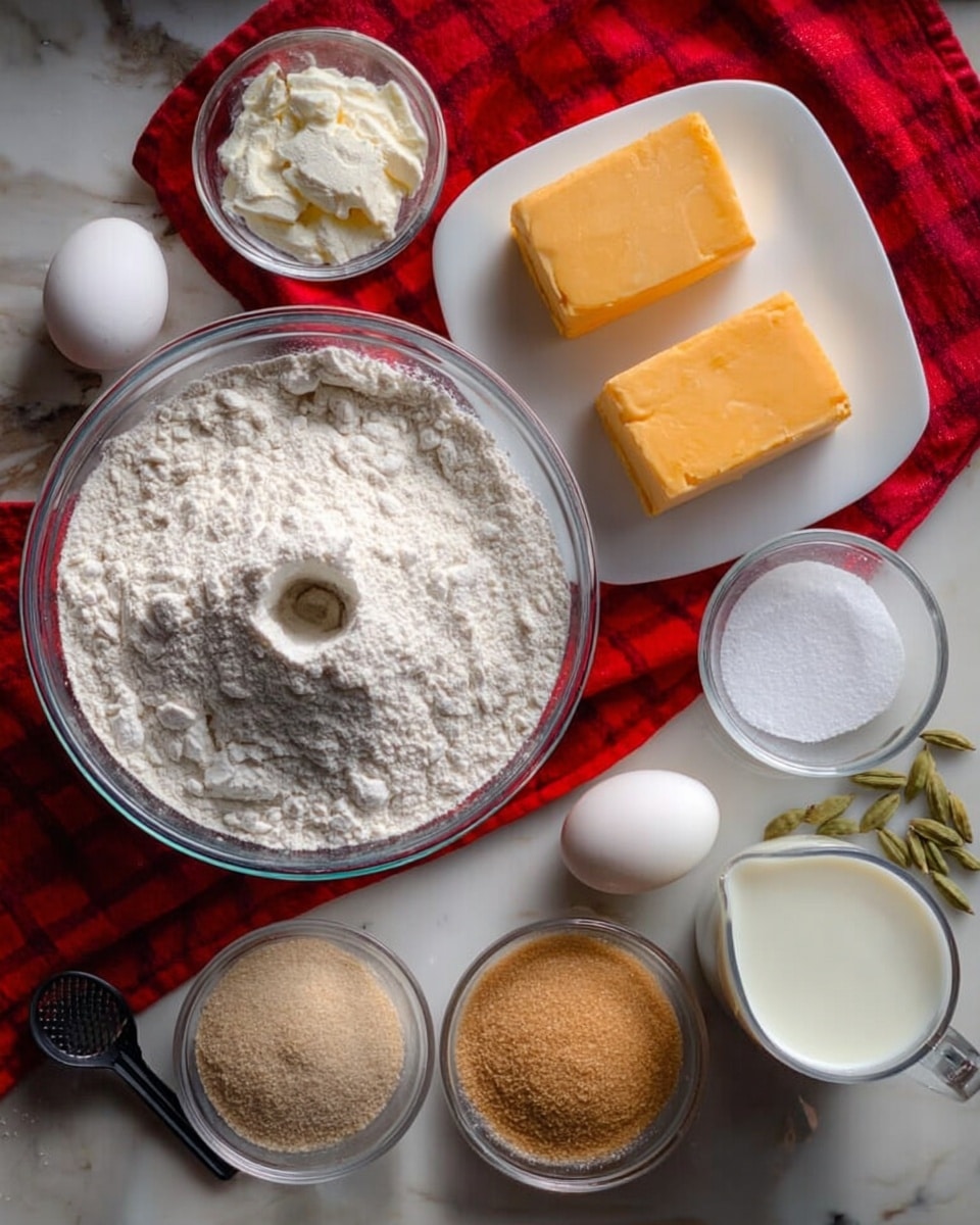 The image shows ingredients arranged on a white marbled surface with a red cloth nearby. There is a large clear glass bowl filled with white flour with a small dip in the center. Near it, a white plate holds two light yellow butter blocks and a block of orange-colored cheese-like substance placed on the cloth. Next to these, there is a single white egg, a glass jug filled with cream or milk, a small clear glass bowl with white granulated sugar, another clear bowl with brown sugar, and a small white square bowl with dry yeast. Scattered cardamom pods and a black measuring spoon with some white powder are also visible. The whole scene looks like ingredients ready for baking. photo taken with an iphone --ar 4:5 --v 7