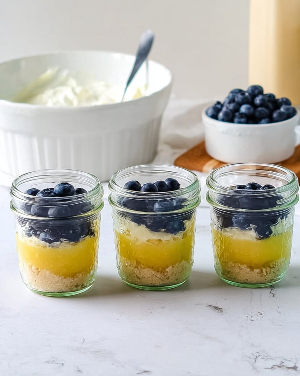 Three small clear glass jars are lined up on a white marbled surface, each with three layers inside. The bottom layer is crumbly and light beige in color, the middle layer is thick and bright yellow, and the top layer consists of fresh, plump blueberries in dark blue. Behind the jars, there is a white bowl filled with white cream with a spoon inside, a small white bowl with more blueberries, and a white container with a beige liquid. The setting is bright and clean, with soft natural light. Photo taken with an iphone --ar 4:5 --v 7