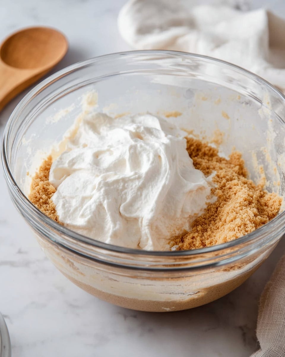 A clear glass mixing bowl sits on a white marbled surface, filled with two visible layers of ingredients. The bottom layer is a crumbly, light brown mixture with a coarse texture, while the top layer is a soft, fluffy white cream that contrasts with the brown mixture below. The bowl is slightly transparent, showing the layers inside clearly, and there is a blurred wooden spoon and a white cloth nearby in the background. photo taken with an iphone --ar 4:5 --v 7