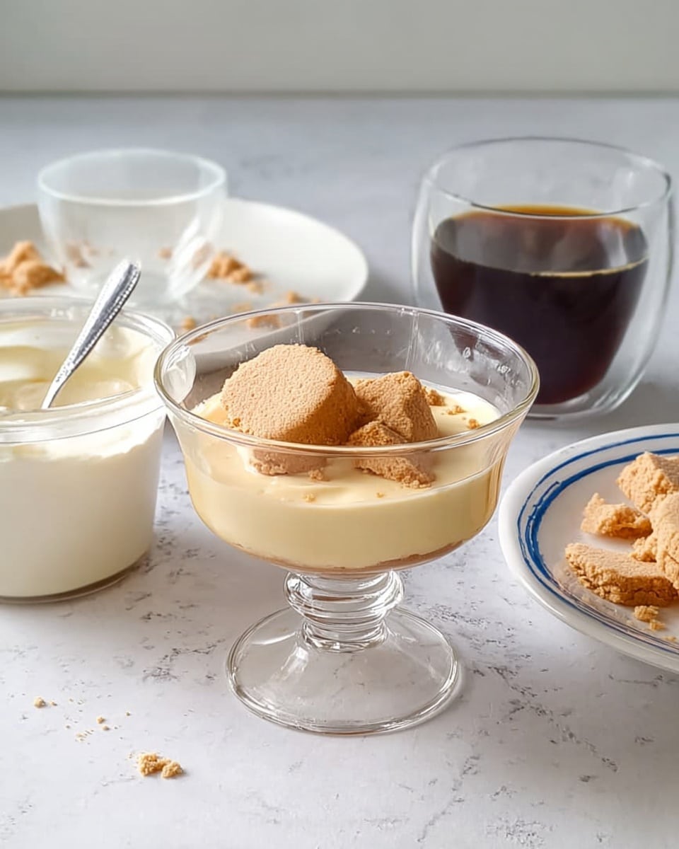 The image shows a white marbled surface with a clear glass dessert cup in the center. Inside the cup, there is one bottom layer of smooth, pale yellow custard, topped with one layer of light brown broken cookies or biscuits. To the right of the cup, there is a transparent glass cup filled with dark coffee. Behind these, there is a white plate with some cookie crumbs and small leftover pieces, along with another empty clear glass dessert cup. On the left side of the image, a container of cream with a spoon inside is partially visible. The colors are soft and neutral, with a clean and simple setting. photo taken with an iphone --ar 4:5 --v 7