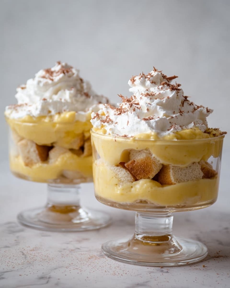Two clear glass dessert bowls on a white marbled surface each show a layered pudding treat. At the bottom is a layer of light beige cake pieces, followed by a thick, smooth yellow pudding layer, then another layer of cake pieces partially soaked in pudding. The top is covered with a generous swirl of white whipped cream sprinkled with fine brown chocolate shavings. The glass bowls have short stems and round bases. The background is soft and pale, keeping focus on the desserts. Photo taken with an iphone --ar 4:5 --v 7