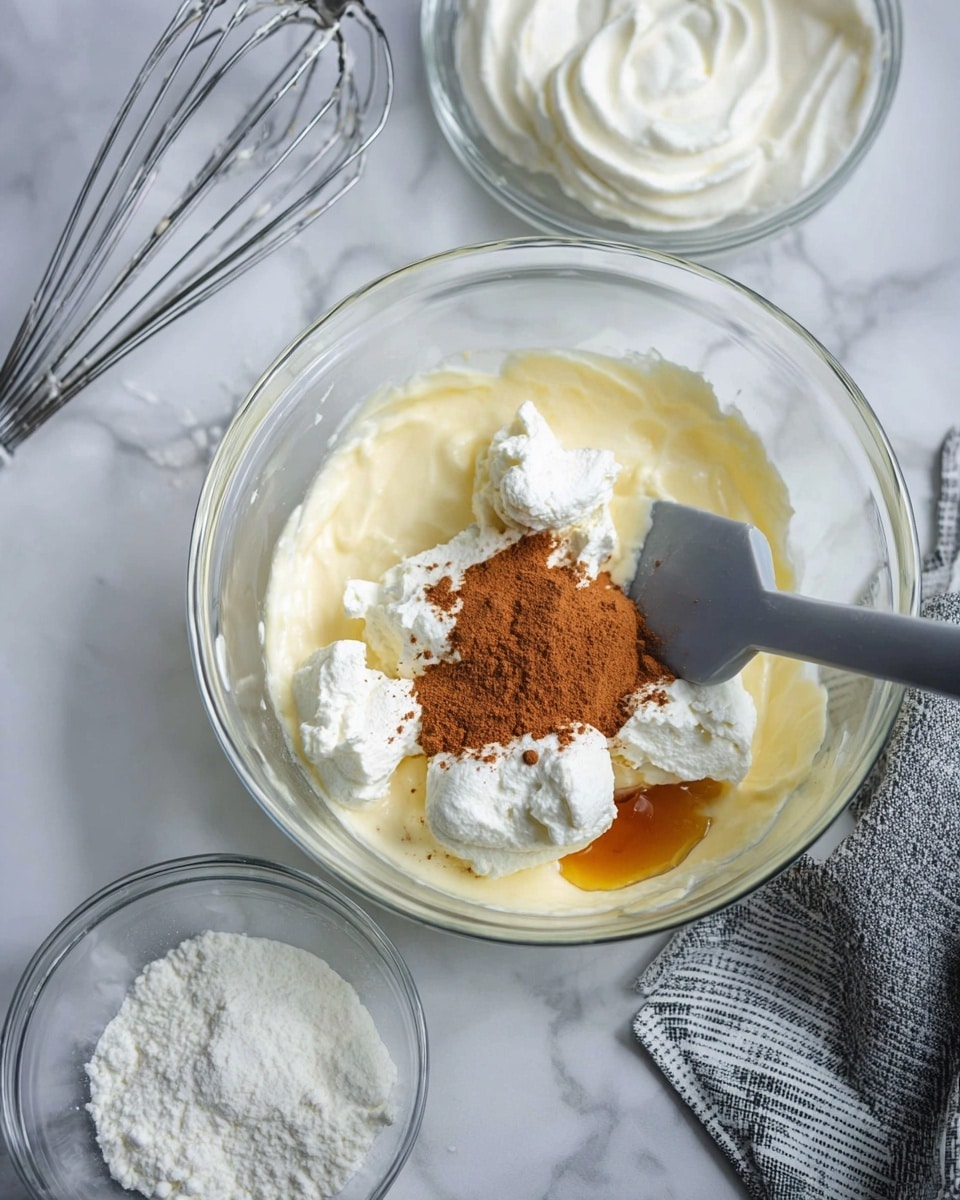 A clear glass bowl sits on a white marbled surface, filled with a creamy pale yellow liquid base. On top, there are dollops of thick white cream clustered mostly around the sides, with a small pile of brown cinnamon powder in the center and a touch of amber vanilla extract next to it. A gray spatula rests inside the bowl, partially coated in cream. Near the bowl are two smaller clear glass bowls; one filled with smooth white cream and the other with fine white powder. A metal whisk coated with cream is visible on the left side above the glass bowl. A gray and white striped cloth is placed on the right side of the surface. photo taken with an iphone --ar 4:5 --v 7