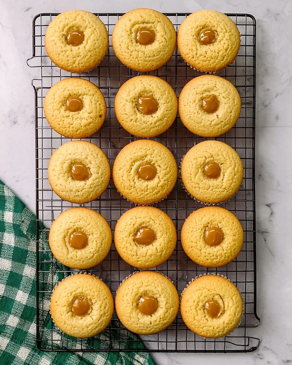 The image shows a black cooling rack holding 18 round, pale golden cupcakes arranged in three columns and six rows. Each cupcake has a small circle of light brown caramel or dulce de leche in the center top, except for the top left four cupcakes which are plain. The cupcakes have a soft, smooth texture with slight cracks on top, and the rack is placed on a white marbled surface. A green and white checkered cloth is visible on the bottom left corner. Photo taken with an iphone --ar 4:5 --v 7