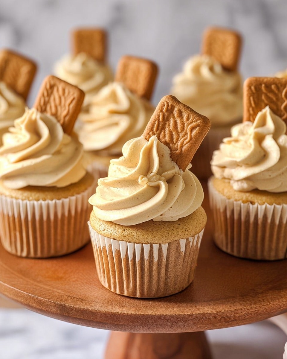 The image shows several cupcakes placed on a wooden stand. Each cupcake has one light brown base with a soft texture, topped with a swirl of creamy light tan frosting with a smooth texture. On top of each frosting swirl, there is a small rectangular cookie with a wavy edge and etched patterns, sticking out vertically. The background is a white marbled texture. photo taken with an iphone --ar 4:5 --v 7