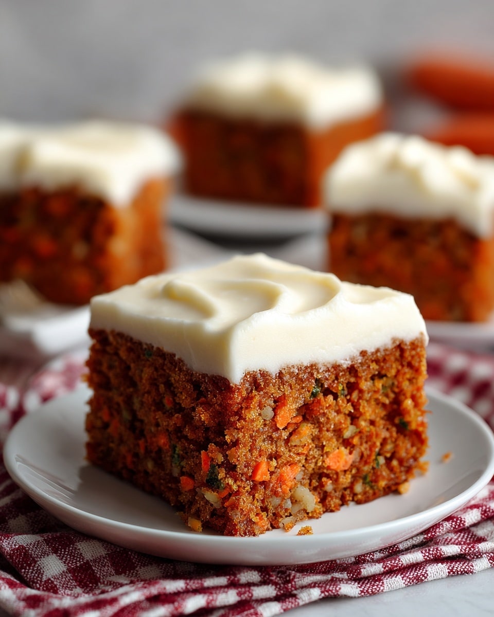 A square piece of carrot cake with a thick layer of smooth white cream cheese frosting on top, showing a dense and moist orange-brown cake filled with small green and orange bits inside. The cake sits on a white round plate placed on a red and white checkered cloth, with two other cake pieces in the blurry background on white plates. The surface is a white marbled texture. Photo taken with an iphone --ar 4:5 --v 7