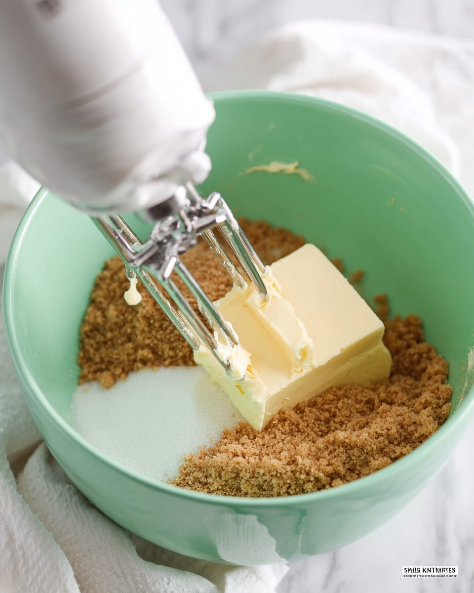 A close-up image showing a mint green mixing bowl filled with three layers: a bottom layer of pale yellow butter block, a middle layer of white granulated sugar, and a top layer of light brown sugar with a coarse texture. A white electric hand mixer with shiny silver beaters is partially inserted into the bowl, blending the sugars and butter together. The bowl sits on a soft white marbled surface with a white cloth nearby. photo taken with an iphone --ar 4:5 --v 7