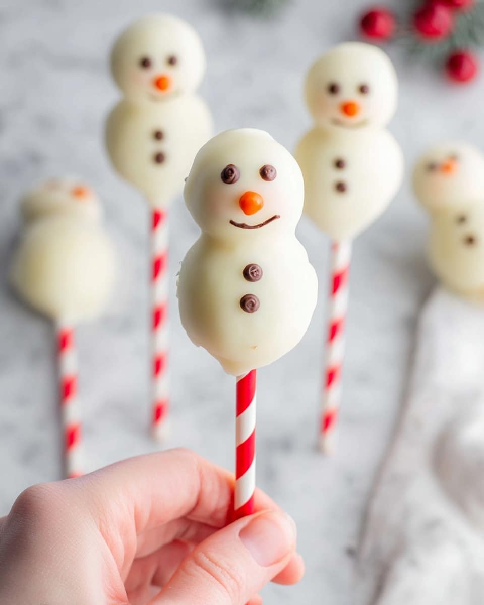 The image shows a snowman-shaped treat on a red and white striped stick, held by a woman's hand at the bottom right of the frame. The snowman has two rounded white layers, smooth in texture, forming the head and body. Small dark spots form eyes and a smiling mouth, and there is a small orange carrot-shaped nose. In the blurred background, four similar snowman treats on matching striped sticks are resting on a white marbled surface, creating a soft and bright setting. photo taken with an iphone --ar 4:5 --v 7