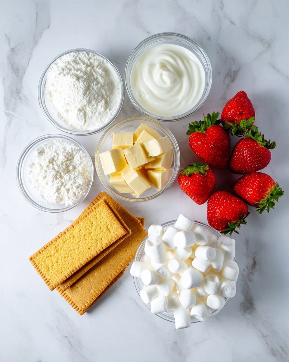 The image shows ingredients arranged on a white marbled surface. There are four glass or white bowls placed in the upper part, containing white powdered milk, whipped cream with a smooth texture, cubed yellow cake with a soft crumb, and a small amount of milk. Below them, there are three golden brown rectangular crackers stacked slightly crooked, along with a pile of small white mini marshmallows. To the right of the marshmallows, there are five bright red strawberries with green leaves, adding fresh color to the composition. The overall look is clean and organized, with a mix of smooth, soft, and textured elements. photo taken with an iphone --ar 4:5 --v 7
