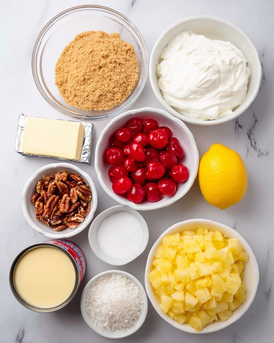 This image shows eight small bowls and containers arranged on a white marbled surface. Starting from the top left, there is a clear bowl filled with a light brown crumbly powder. To its right, a white bowl with thick white cream. Below the cream, a white bowl holds bright red sliced cherries, with a whole yellow lemon placed next to it on the right. Below the crumbly powder, a small white bowl contains chopped brown nuts. In the center left, there is a small open can filled with pale yellow condensed milk. Directly below this, a white bowl has crushed or mashed yellow pineapple. To its right, a clear bowl is filled with shredded white coconut. In the front, there is a stick of unsalted butter wrapped in paper and a small white bowl containing white granulated sugar. All items are neatly placed, showing different textures and bright colors: red, yellow, white, and brown. Photo taken with an iphone --ar 4:5 --v 7