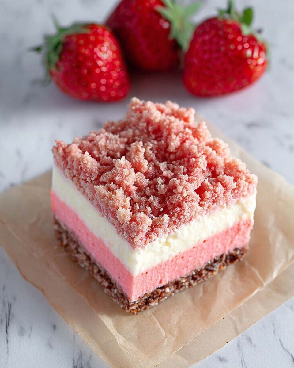 The image shows a square dessert with three layers on a piece of parchment paper. The bottom layer is bright pink and smooth, the middle layer is white and creamy, and the top layer is crumbly with a mix of pink and brown colors, giving it a rough texture. In the background, there are four fresh red strawberries with green tops placed on a white marbled surface. photo taken with an iphone --ar 4:5 --v 7