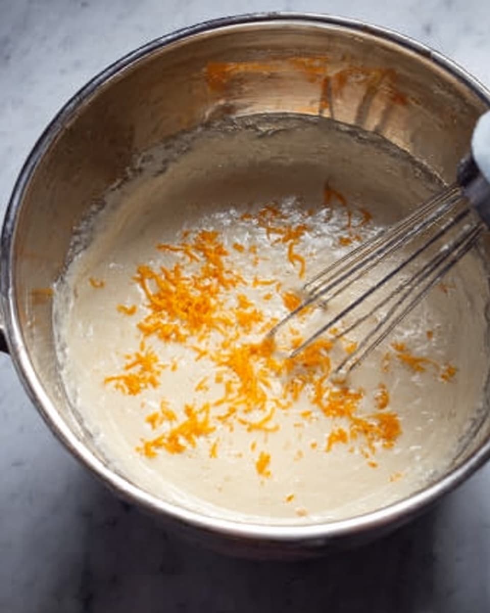 A metal mixing bowl filled with a creamy, light beige batter that has small orange zest pieces sprinkled on top. Inside the bowl, there is a silver electric hand mixer with two beaters resting on the batter. The bowl sits on a white marble surface, showing some reflections on the metal. The scene looks like it's ready for further mixing or baking. photo taken with an iphone --ar 4:5 --v 7