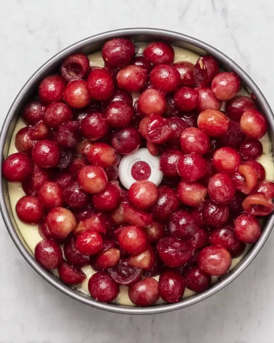 The image shows a round metal baking pan filled with a layer of white dough or batter at the bottom. On top, there is a thick single layer of bright red grape halves, arranged evenly and covering the entire surface of the dough. The grapes are shiny and fresh, creating a mix of light and deep red colors. The pan sits on a white marbled surface, and the grapes are packed closely without gaps. photo taken with an iphone --ar 4:5 --v 7