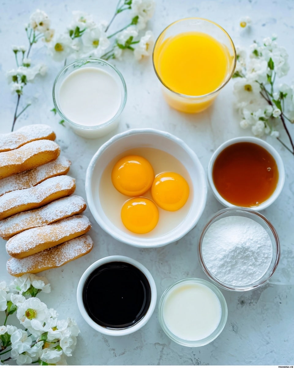 The image shows several small white bowls and a glass on a white marbled surface. In the center, a white bowl holds five bright yellow egg yolks. Around it, there are small white bowls filled with dark brown liquid, light brown liquid, white sugar, and white cream. A glass of bright orange juice and a glass of milk are also present. On the left side, there is a stack of light tan ladyfinger cookies with a powdery surface. Small white flowers are placed around the bowls and glasses, adding a fresh touch. The photo taken with an iphone --ar 4:5 --v 7