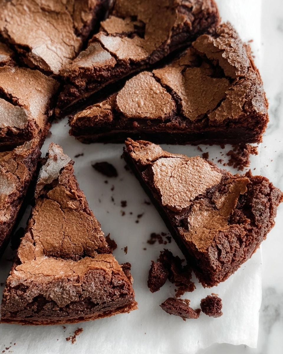 The image shows several pieces of broken chocolate cake with a rough, cracked top layer that looks light brown and slightly dry, while the inside is darker, moist, and dense. The cake pieces vary in size and shape, some with uneven edges and crumbs scattered around them. They rest on white parchment paper, which is placed on a white marbled surface. The texture contrasts between the crispy top and softer inside are clear and detailed. Photo taken with an iphone --ar 4:5 --v 7