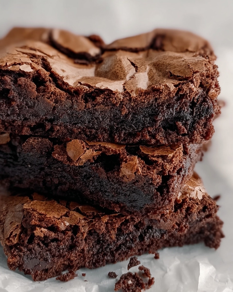 The image shows a close-up of three stacked chocolate brownies with a cracked, slightly shiny top layer that looks crisp. Each brownie layer is thick and moist with a rich dark brown color and a dense texture inside. The edges are rough and crumbly, with some small crumbs scattered around. The brownies rest on white parchment paper over a white marbled surface, adding a clean and simple background. photo taken with an iphone --ar 4:5 --v 7
