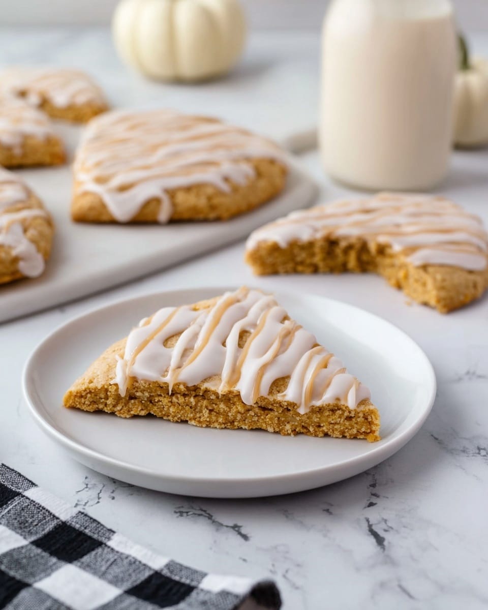 A single large triangle-shaped cookie sits on a white plate in the foreground, showing a golden brown base layer with a thick shiny white icing layer on top, covered with light brown swirled drizzle. In the background, more triangular cookies of similar size and color are spread out on a white marbled surface, some whole and one with a small bite taken out. A light cream-colored bottle and a small white pumpkin are blurred in the background, with a black and white checkered cloth partially visible at the bottom left corner. photo taken with an iphone --ar 4:5 --v 7