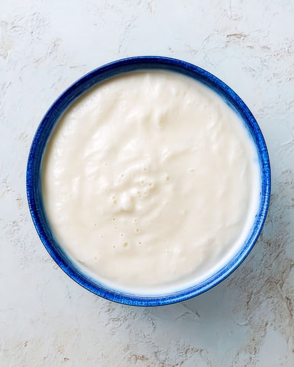 A top view of a bowl filled with a smooth, thick white cream. The bowl is white with a blue rim and rests on a white marbled surface. The cream has a few small bubbles on the surface, giving it a slightly textured look. The bowl is centered in the image, and the light shows some gentle reflections on the cream’s surface. Photo taken with an iphone --ar 4:5 --v 7